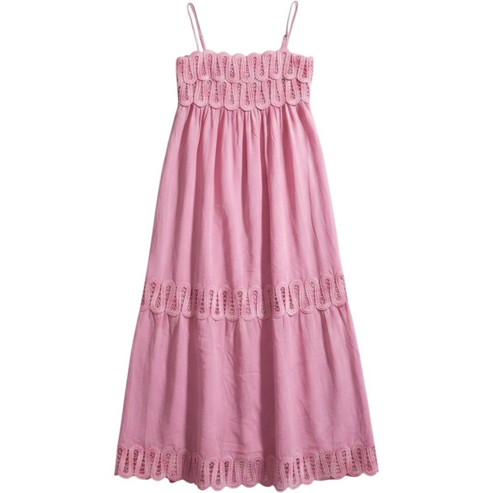 True Pink Maxi Dress Womens XL Lace Trim Tiered Smocked Back Sleeveless